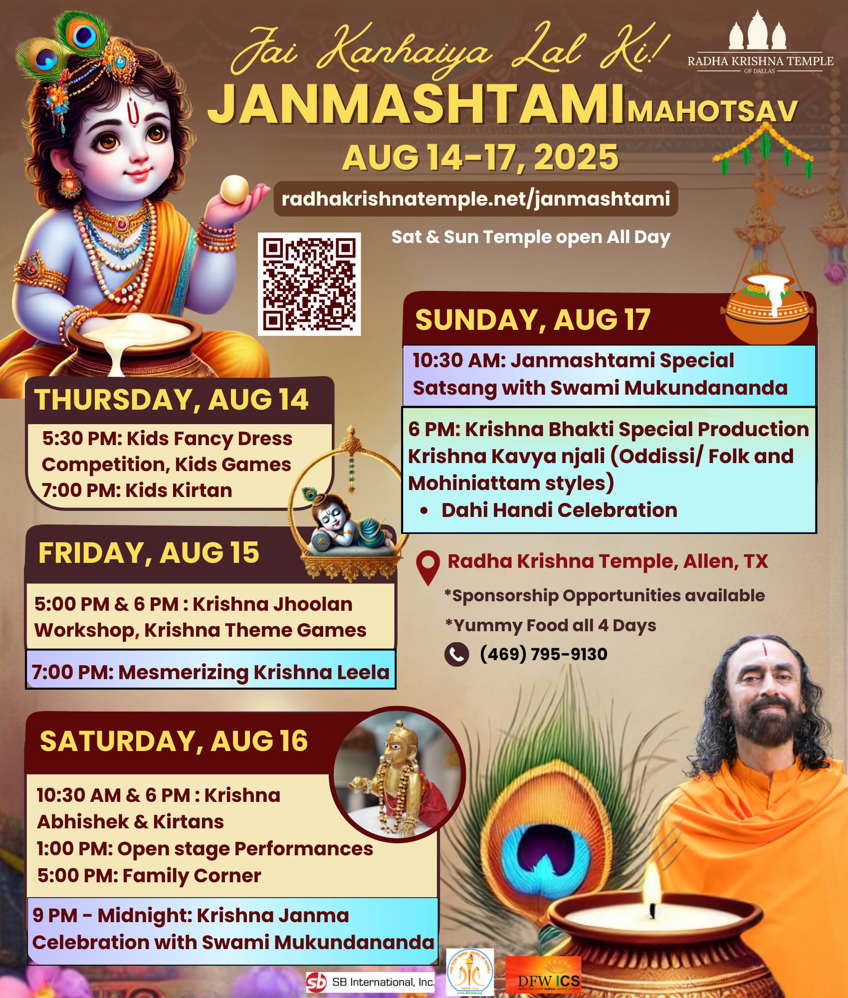 Four-Day Janmashtami Festival in Dallas Radha Krishna temple from August 14 