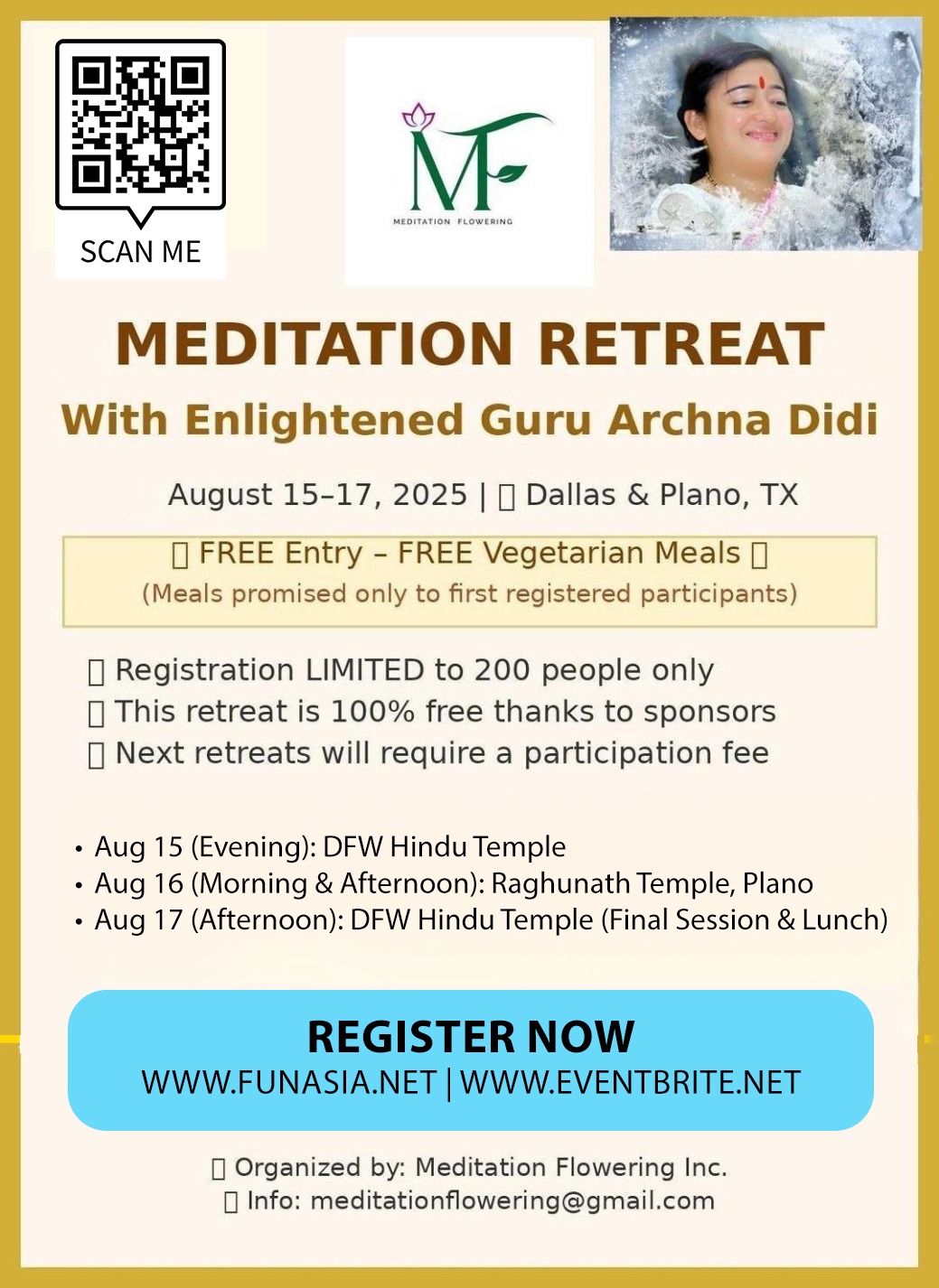 MEDITATION RETREAT With Enlightened Guru Archna Didi in August 15-17, 2025 | Dallas & Plano, TX