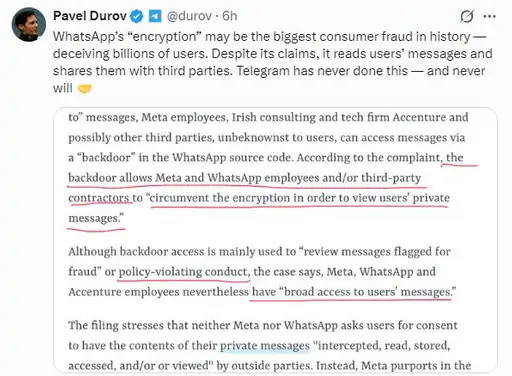 Pavel Durov Slams WhatsApp’s Encryption as ‘Biggest Consumer Fraud in History,’ Elon Musk Joins In
