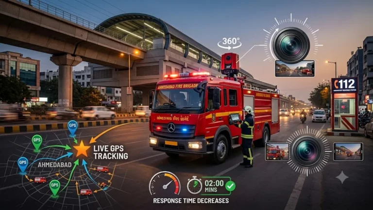 Ahmedabad Fire Department emergency vehicle equipped with GPS tracking and 360-degree camera integrated with 112 system