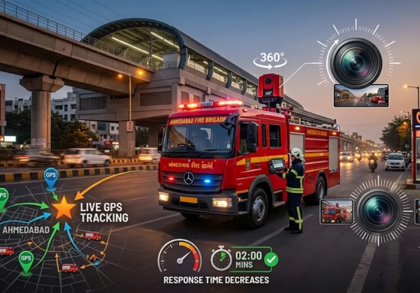 Ahmedabad Fire Department emergency vehicle equipped with GPS tracking and 360-degree camera integrated with 112 system