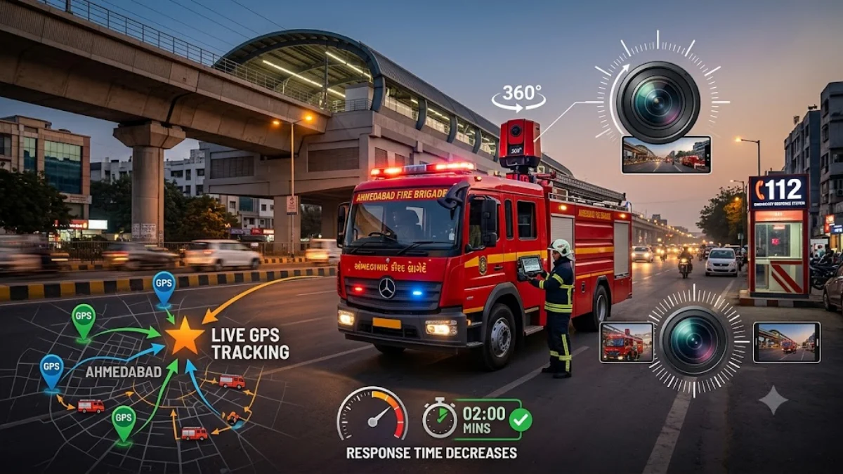 Ahmedabad Fire Department emergency vehicle equipped with GPS tracking and 360-degree camera integrated with 112 system