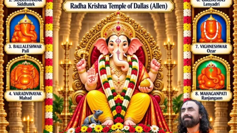 Beautifully decorated Lord Ganesha idol at Radha Krishna Temple of Dallas for Ganesh Mahotsav 2026