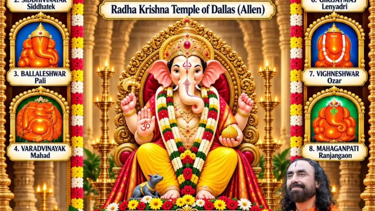 Beautifully decorated Lord Ganesha idol at Radha Krishna Temple of Dallas for Ganesh Mahotsav 2026