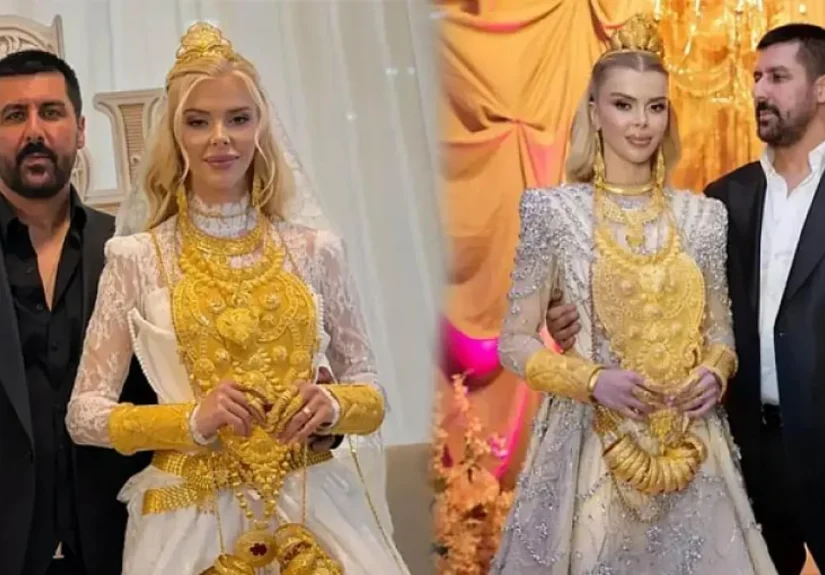 Cagla Oz marriage with Vanli Kara Haydar gold jewellery display