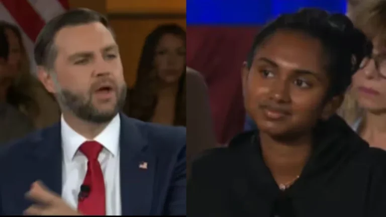 Indian-origin Niv Agaram questioning US Vice President JD Vance about H-1B visa workers during a CBS News town hall.