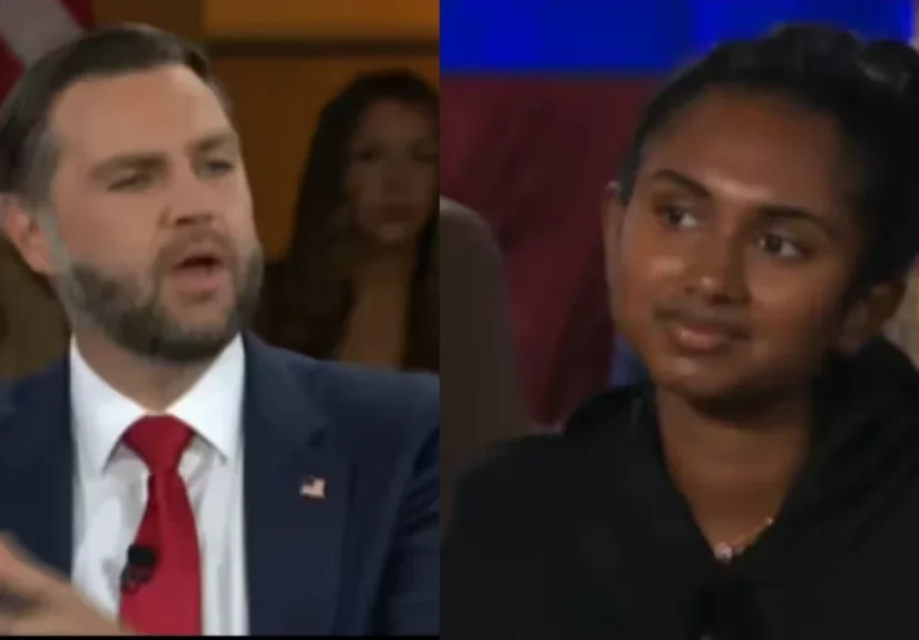 Indian-origin Niv Agaram questioning US Vice President JD Vance about H-1B visa workers during a CBS News town hall.