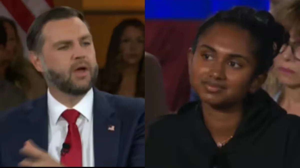Indian-origin Niv Agaram questioning US Vice President JD Vance about H-1B visa workers during a CBS News town hall.